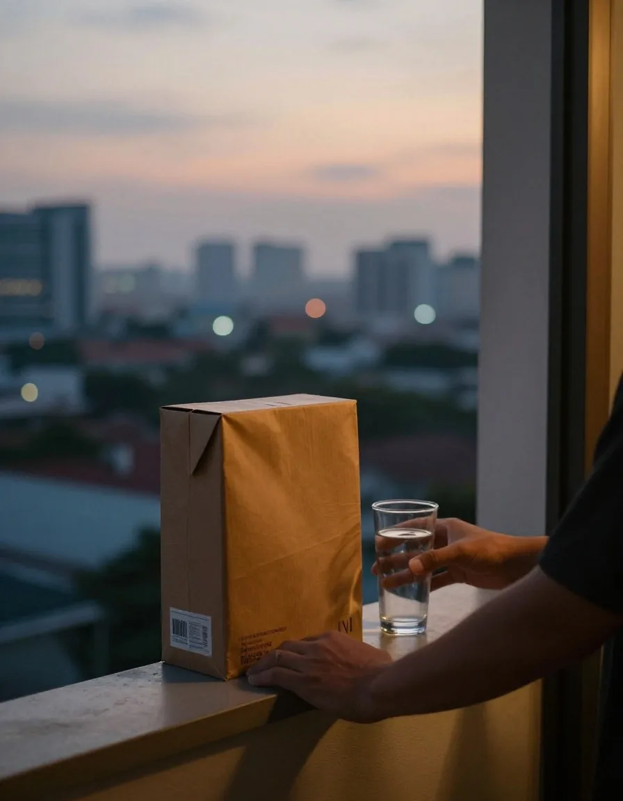 A man turning a supplement carton toward the light on a Jakarta desk at dusk