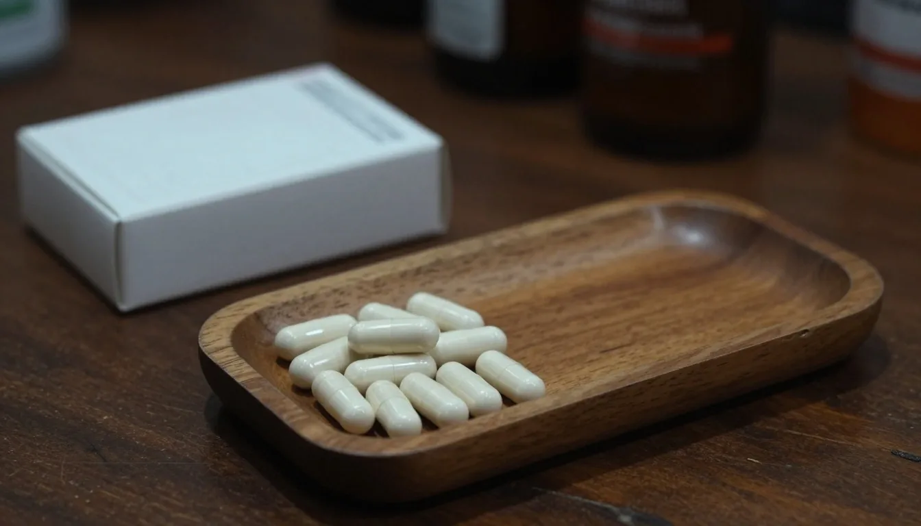 Matte capsules resting on a dark stone slab under a single cool light