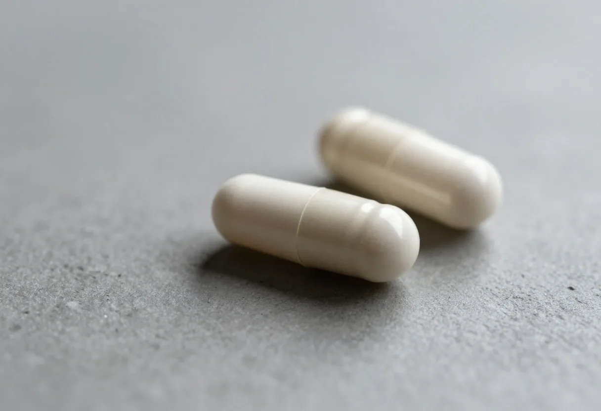 Plain matte supplement capsules arranged on a cool grey concrete surface