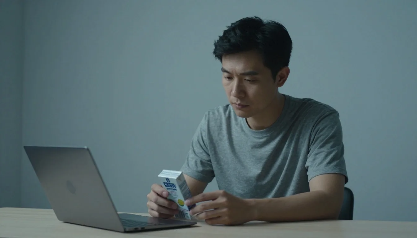 A man reading the back panel of a supplement carton in cool interior light