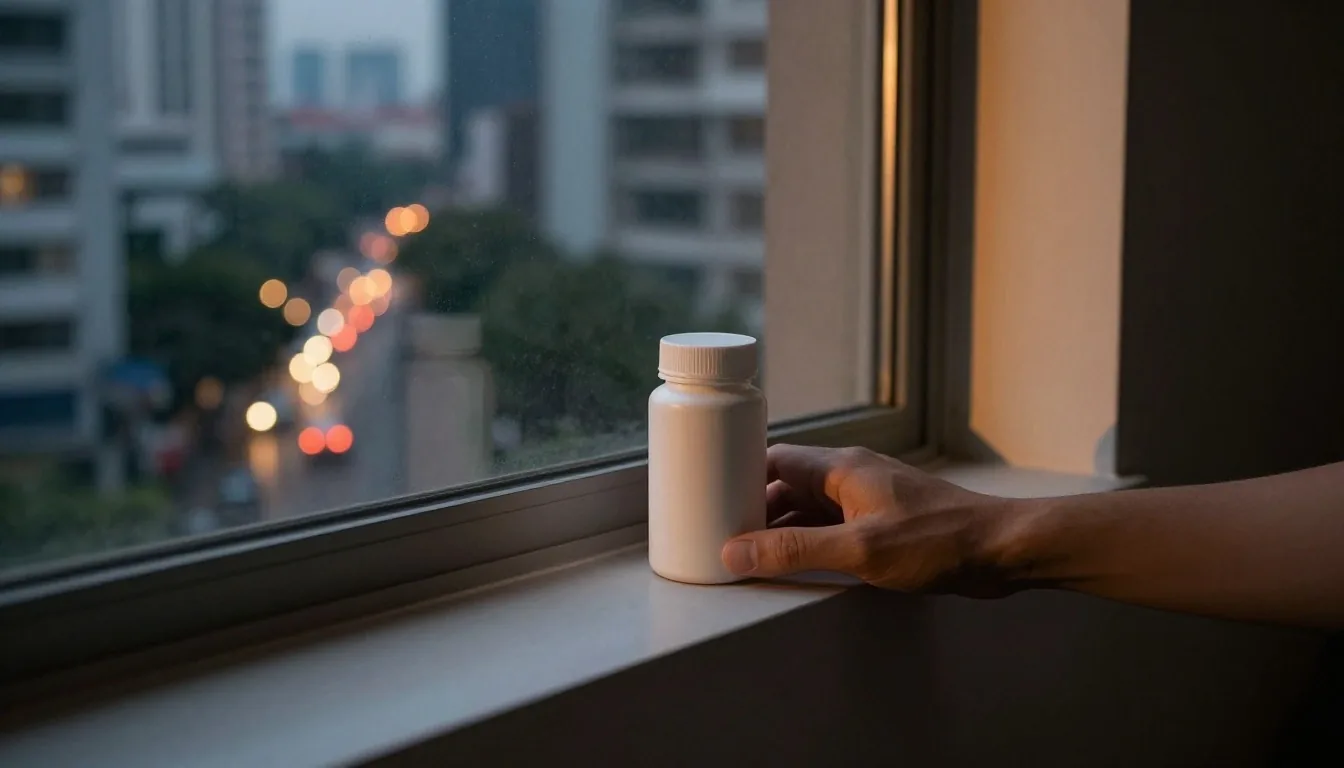 A desk in a Jakarta apartment at dusk with a notebook and a supplement carton