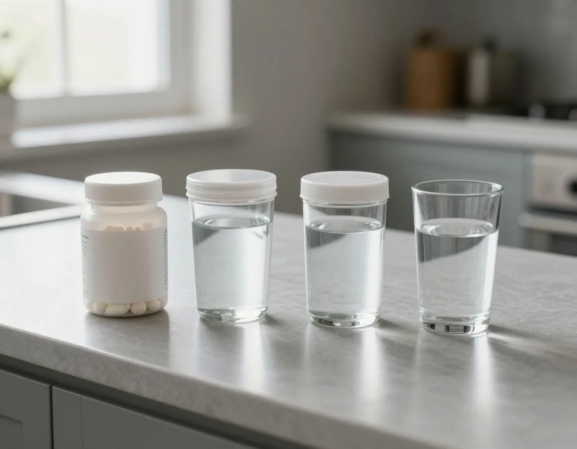 Several supplement containers and a glass of water on a pale counter, kept side by side for comparison
