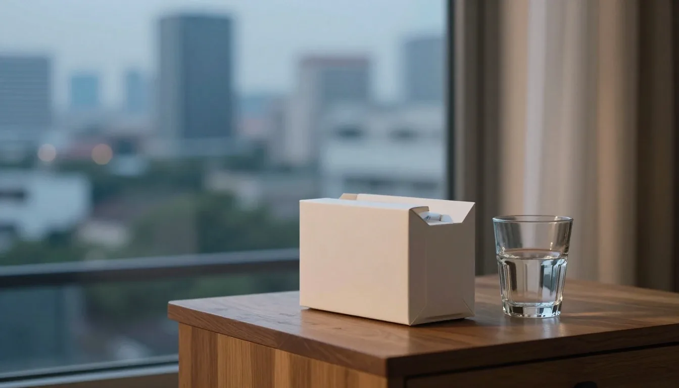 A Jakarta desk at dusk with a supplement carton and a glass of water