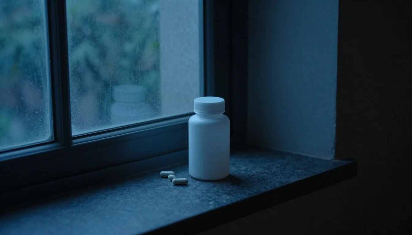 Capsules and a plain capsule bottle under cool light on dark stone