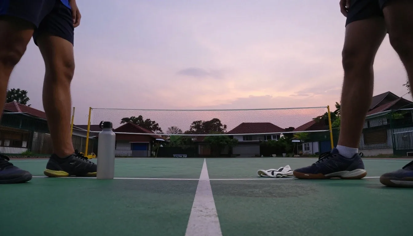 A badminton court at dusk with a player mid-motion seen from behind the net