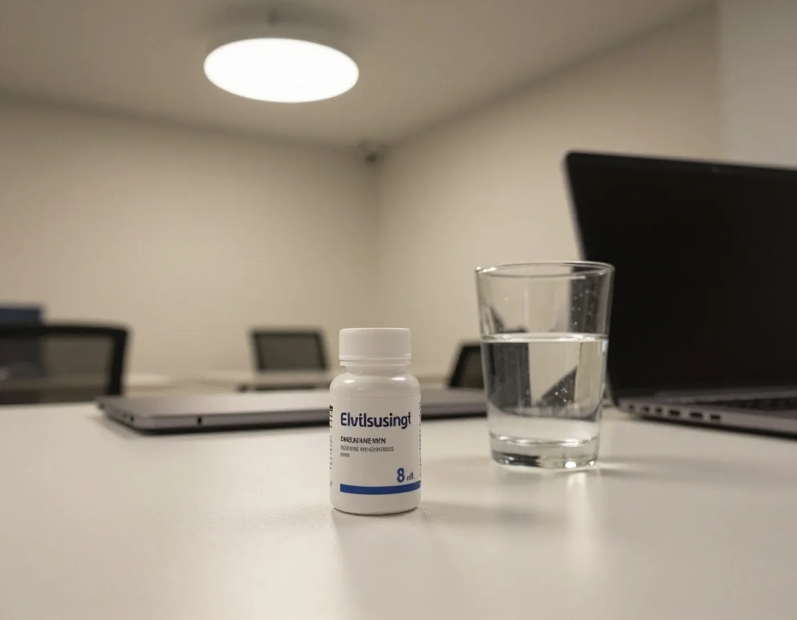 A supplement bottle and glass of water on a plain office desk in the afternoon