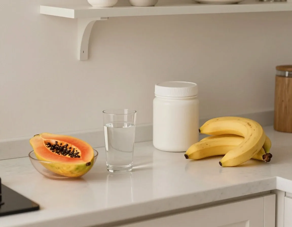 A kitchen counter in morning light with water and fruit, supplement container set aside