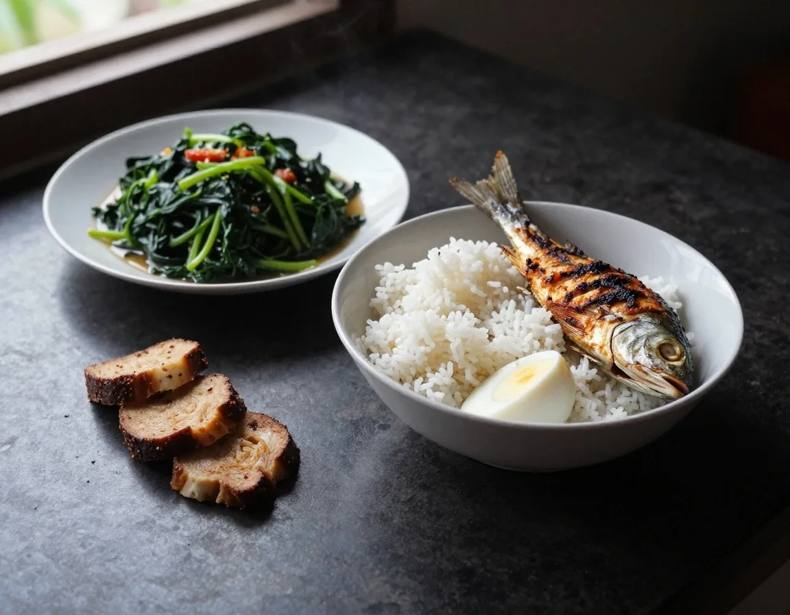 A simple Indonesian home meal of rice, fish, tempeh, eggs and greens on a countertop