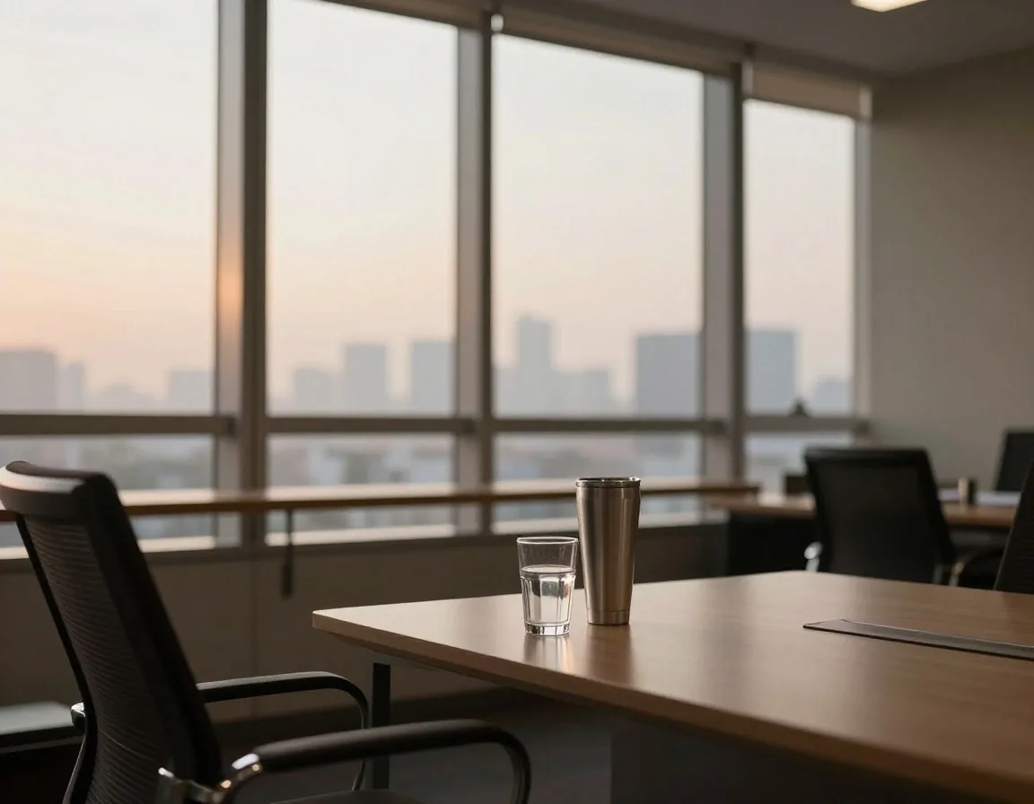 A water bottle and tumbler on a Jakarta office desk in late afternoon light