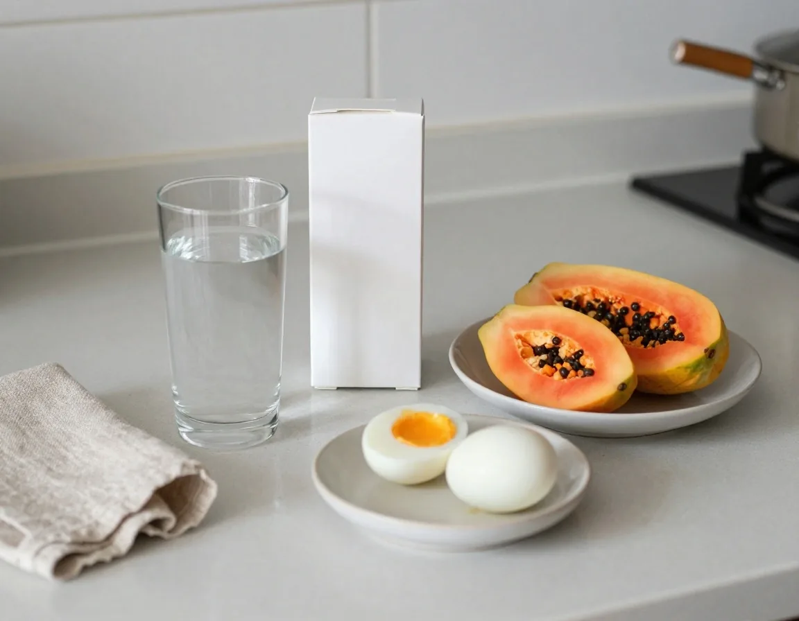 A glass of water, sliced fruit, eggs, and a plain supplement carton on a Jakarta kitchen counter in morning light