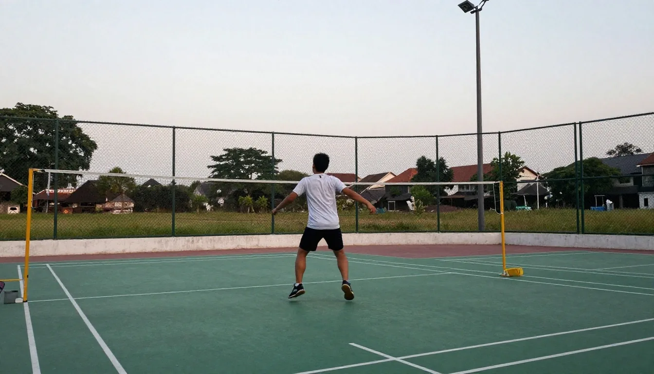A man playing badminton on a Jakarta court at dusk, sky open across the top of the frame