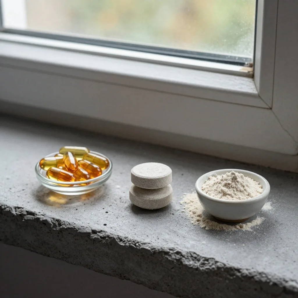 Capsules, a tablet, and a scoop of powdered supplement arranged side by side on grey stone