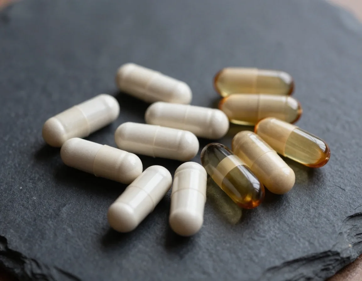 Close view of natural supplement capsules for men arranged on dark stone