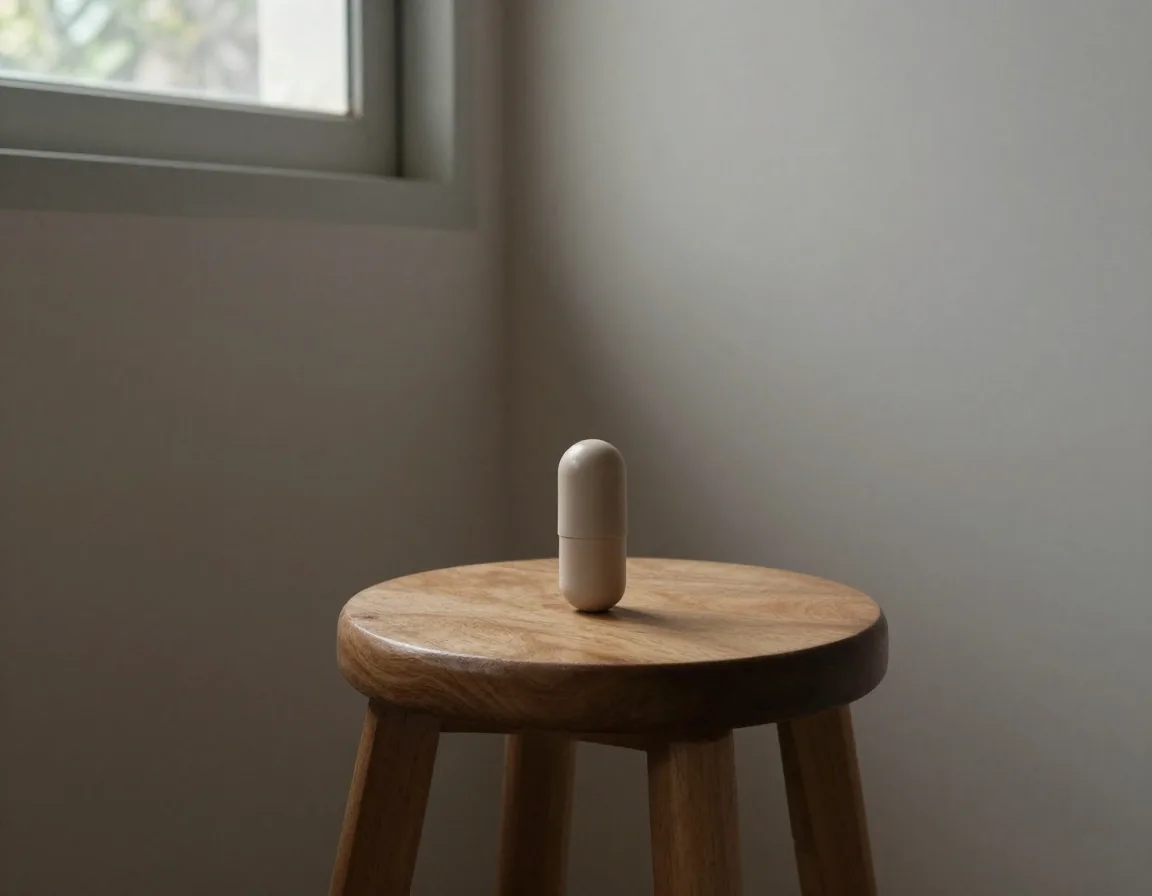 A single matte supplement capsule on a pale neutral surface, lit by cool daylight