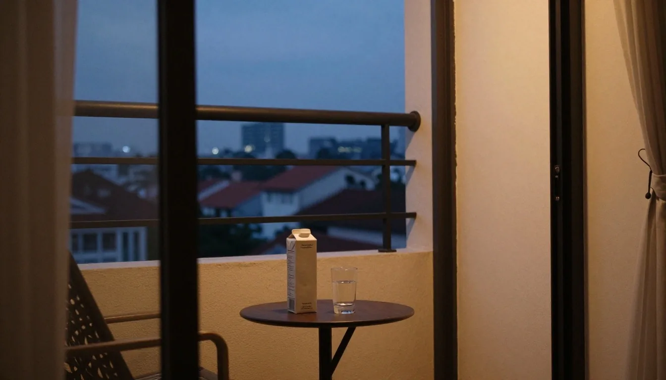 A Jakarta desk at dusk with a supplement carton and a glass of water