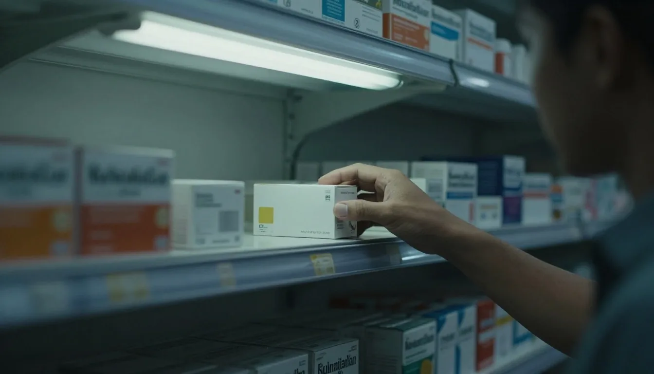 A hand reaching for a box on a pharmacy shelf under cool fluorescent light