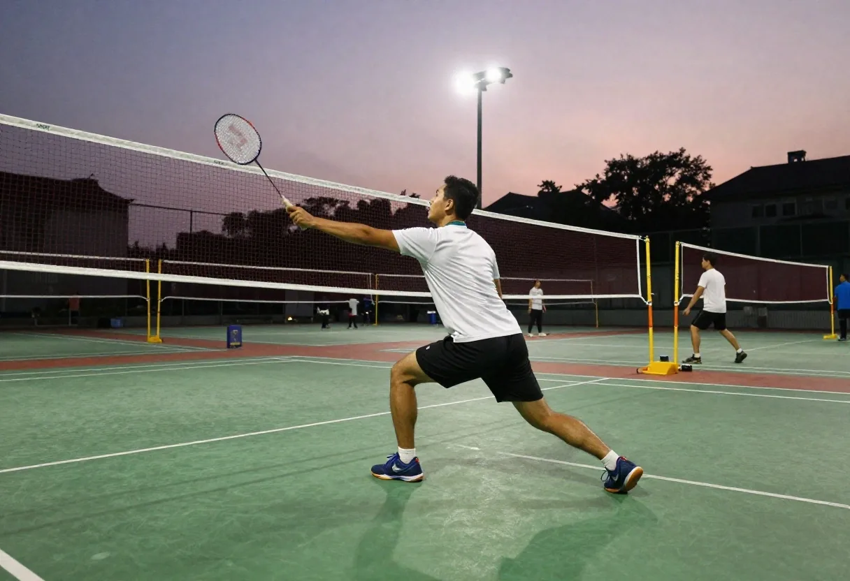 A player mid-motion on a Jakarta badminton court at dusk