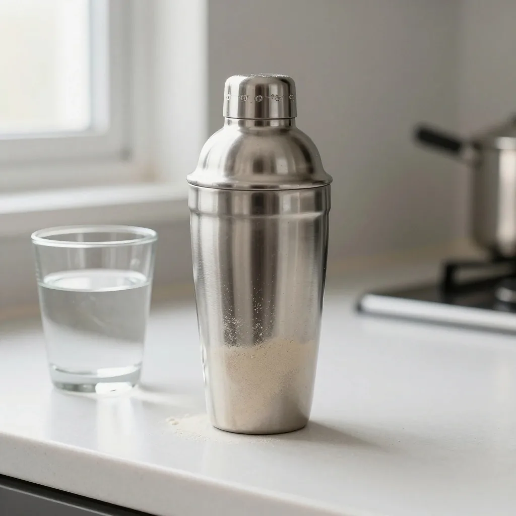 A morning kitchen counter with a glass of water and a shaker with supplement powder