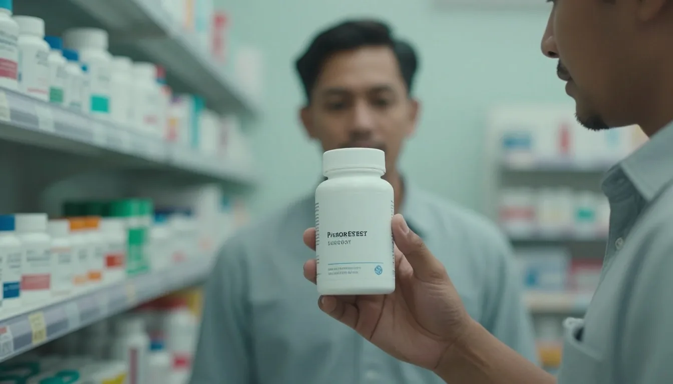 A man reading a supplement carton panel in a cool-lit pharmacy aisle