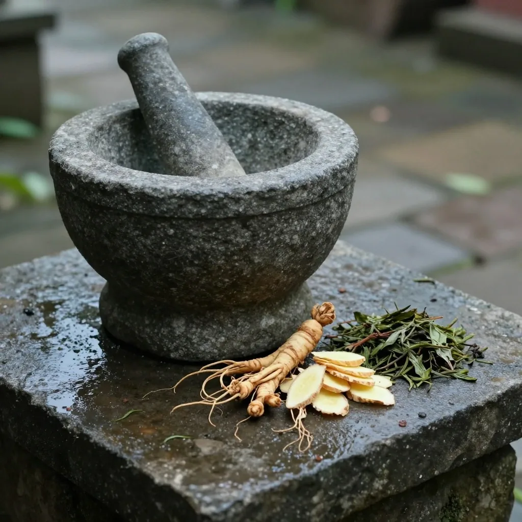 Ginseng slices, ginger pieces, and green tea leaves arranged as separate piles on stone