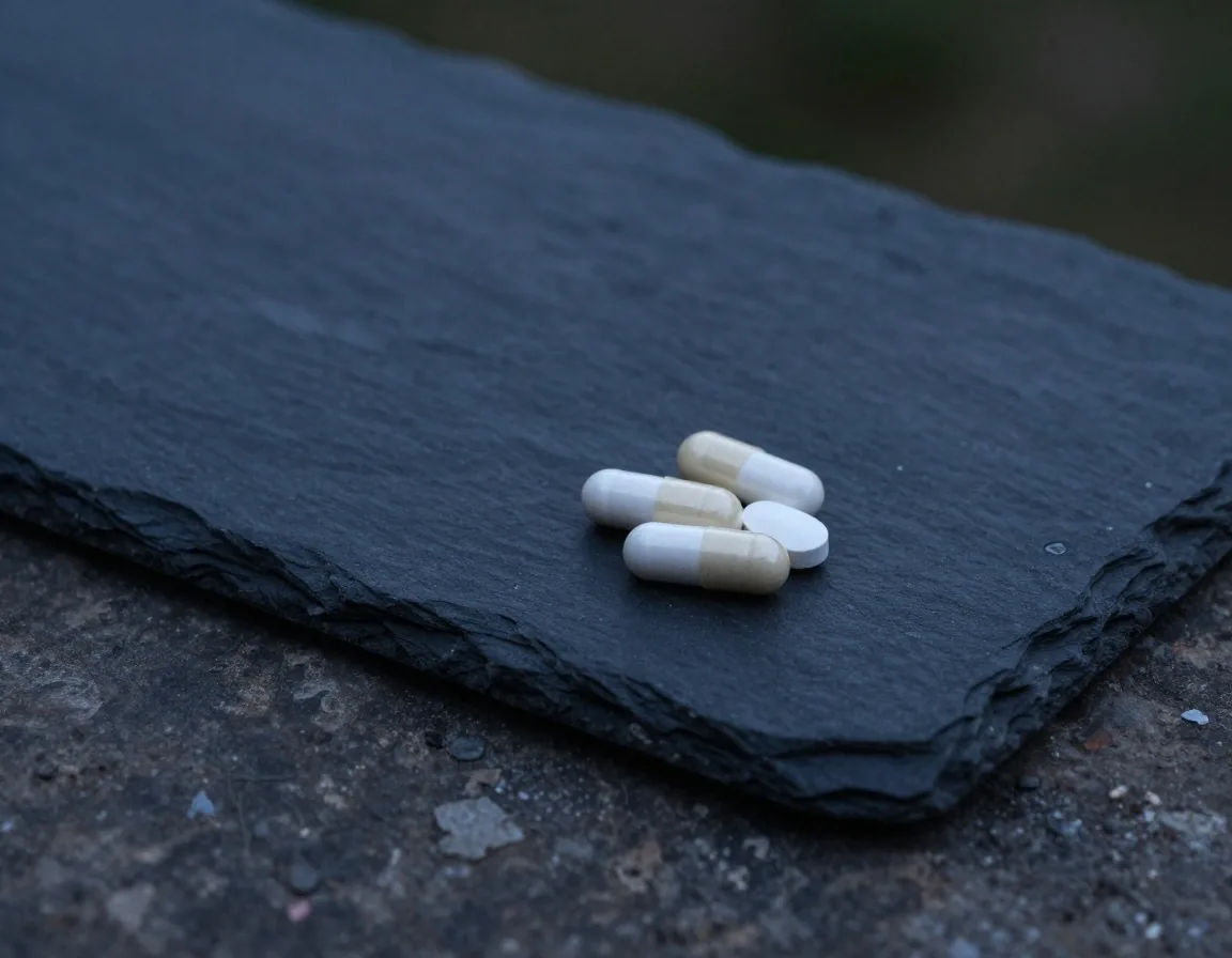 Matte Vitaman capsules laid out as a specimen tray on dark stone under cool side light