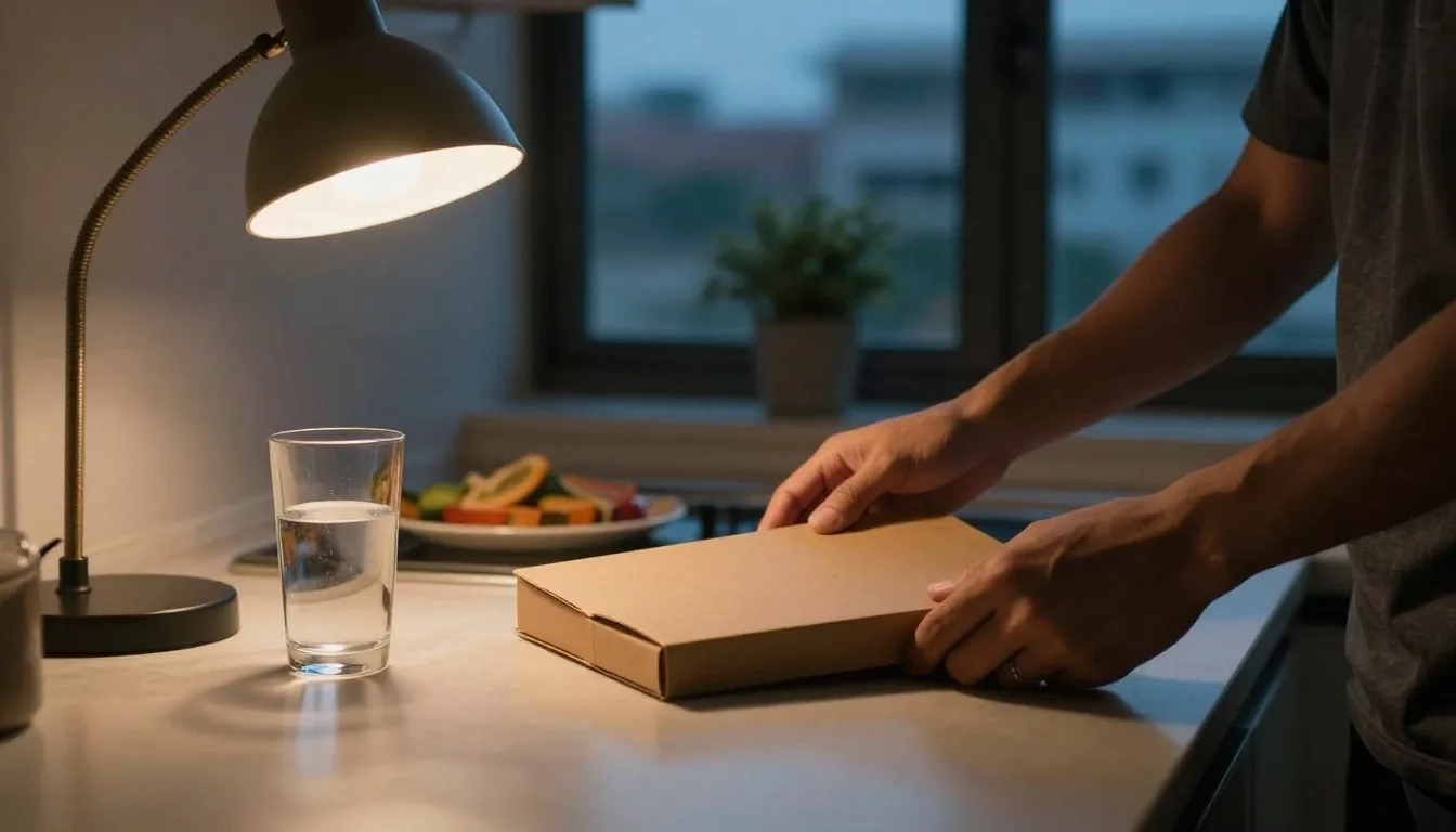 A man's hands opening a plain supplement carton beside a glass of water on a desk at dusk