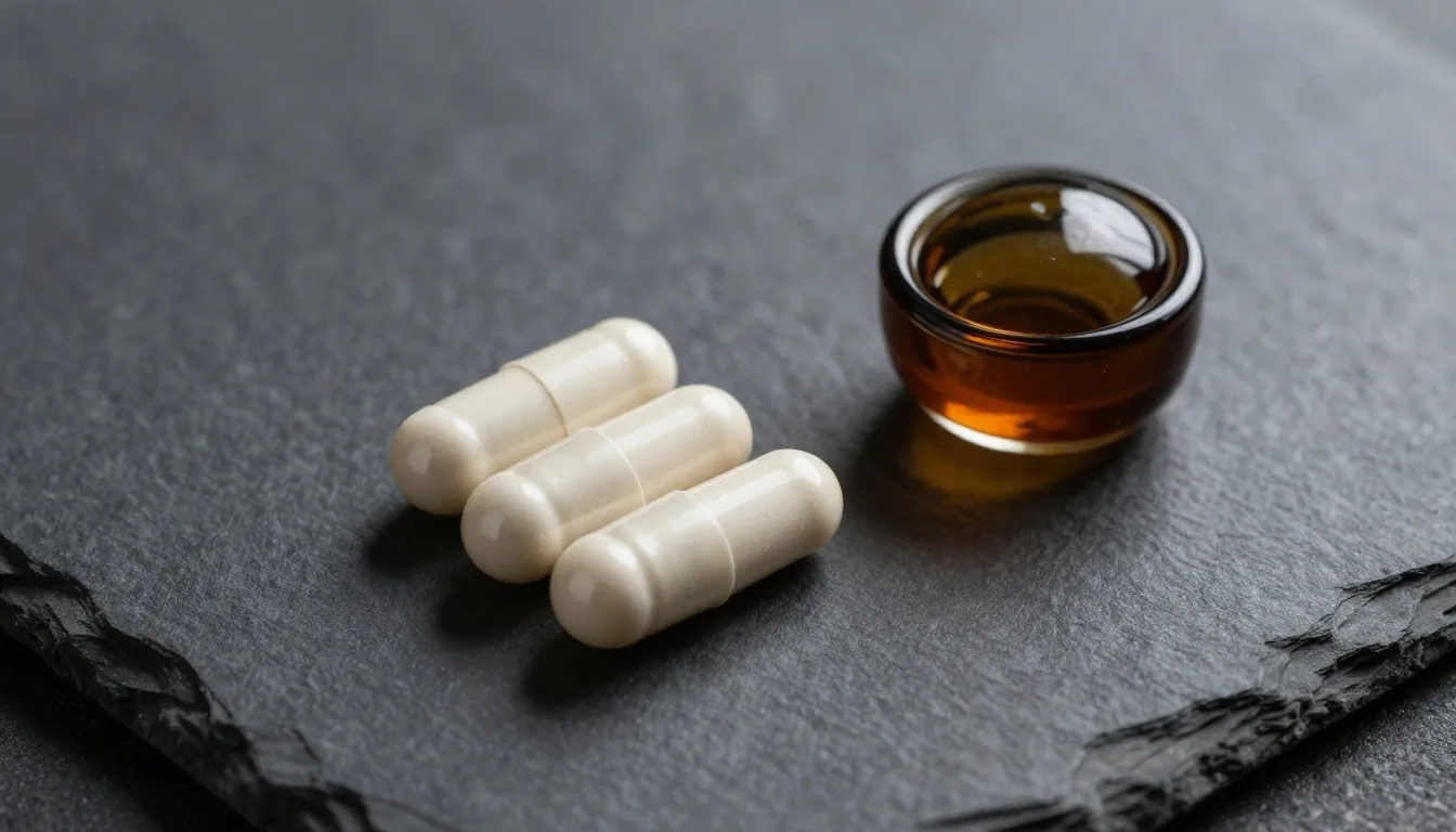 Matte supplement capsules and a small dark pot resting on a dark stone slab under cool side light